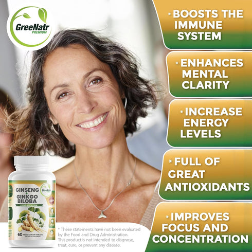 Ginko Biloba & Panax Ginseng Supplement - Red Ginseng Brain Supplement for Memory and Focus - Ginkgo Biloba Supplements for Good Vision, Immune Sy...