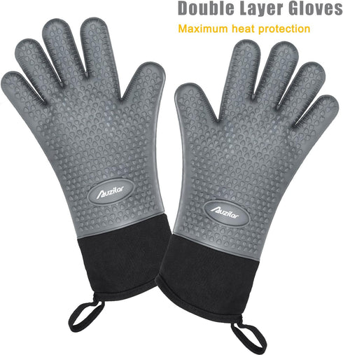 Silicone Cooking Gloves, Grilling Gloves, Heat Resistant Gloves BBQ Kitchen Silicone Oven Mitts, Long Waterproof Non-Slip Potholder for Barbecue, ...