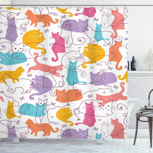 Ambesonne Cat Shower Curtain, Colorful Cats Jumping Playing Sitting Relaxing Feline Joyful Modern Line Art, Cloth Fabric Bathroom Decor Set with H...