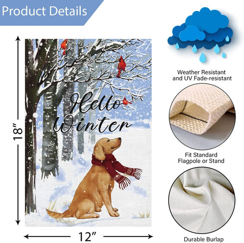 Louise Maelys Hello Winter Golden Dog Garden Flag 12x18 Double Sided, Burlap Farmhouse Small Cardinal Retriever Garden Yard Flags for Winter Seaso...