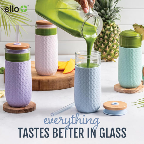 Ello Devon 18oz Glass Tumbler with Straw, Friction Fit Bamboo Wood Lid and Silicone Sleeve | Perfect for Iced Coffee, Tea, Matcha and Smoothies...