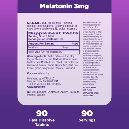 Natrol Melatonin 3mg, Strawberry-Flavored Dietary Supplement for Restful Sleep, 90 Fast-Dissolve Tablets, 90 Day Supply...