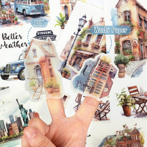 Landscape and City Themed Scrapbook Journaling Stickers, 150 Die-Cut PET and Washi Paper Sticker Book for Junk Journaling, Collage, Craft Projects...