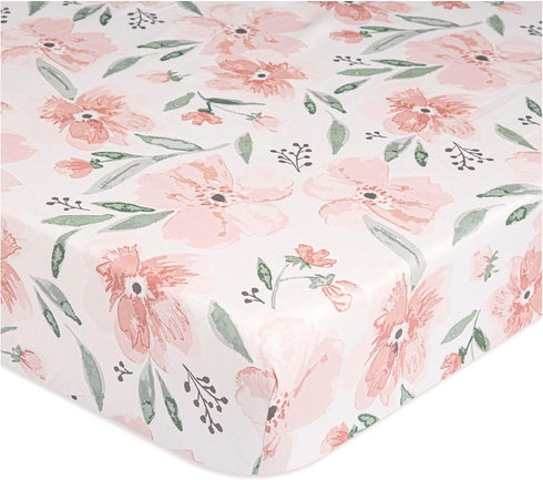 Crane Baby Soft Cotton Crib Mattress Sheet, Fitted Sheet for Cribs and Toddler Beds, Pink Floral, 28”w x 52”h x 9”d...