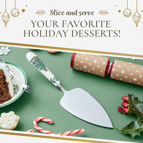 Portmeirion Christmas Tree Cake Server, 10-Inch Stainless Steel Cake Knife with Fine Porcelain Handle, Holiday Dessert Flatware, Festive Christmas...