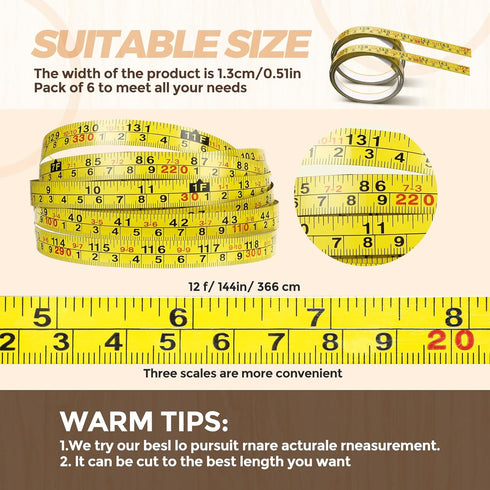 6 Pieces 12' Self Adhesive Measuring Tape Adhesive Backed Double Scale Measuring Tape Ruler Self-Adhesive Stick Tape Measures for Work Woodworking...