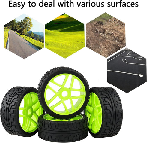 1:8 Off-Road RC Buggy 17mm Hub Wheel Rims and Tires H Tread Pattern Fluorescent Green Pack of 4...