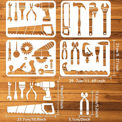 FINGERINSPIRE 4PCS Tool Painting Stencil 8.3x11.7inch Large Hammer Wrench Pliers Drawing Template Reusable Wrench Screwdriver Saw Stencil for Pain...