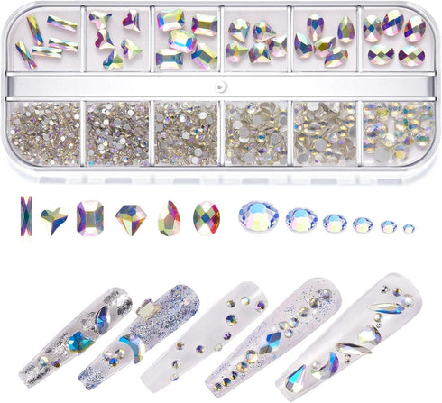 Multi Shapes 3D Glass AB Nail Art Rhinestones?Crystal Clear Flatback Rhinestones for Nails,with Storage Organizer Box?for Nail Art Crafts (1085 Pi...