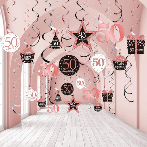 Blulu 50th Birthday Decorations for Women,Rose Gold Happy 50th Birthday Decorations Hanging Swirls Ceiling Decor Shiny Foil Swirls for Party Suppl...