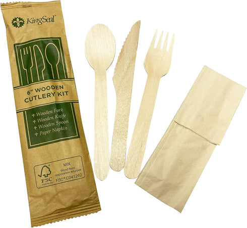 KingSeal FSC Certified Disposable Wood Cutlery Kits, Bulk Pack, Sustainably Sourced - Spoon, Fork, Knife with Bleach-Free Napkin - 1 Bag of 25 Set...