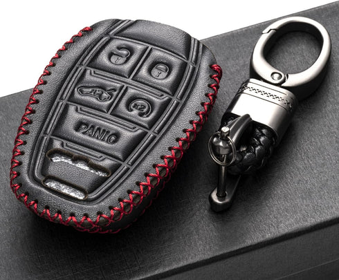 Vitodeco Genuine Leather Smart Key Fob Case Protector Compatible for Alfa Romeo Giulia, Stelvio, Tonale 2017 - 2025 (5-Button, Black/Red)...