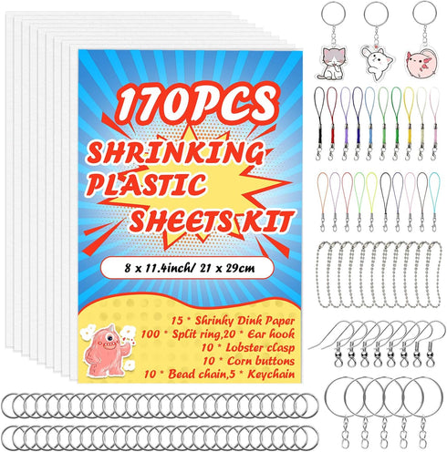 yyoemas 170 PCS Shrinky Dink Keychain Kit,Shrinky Dink Kit with 15 Shrinky Dink Sheets,Ear Hook,Bead Chain,Corn Buttons,Lobster Clasp,Split Ring a...