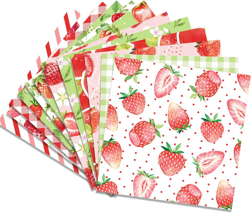 VIVIQUEN 24 Pack Sweet Strawberry Pattern Double-Sided Paper, 12-inches Fruit Plaid Textured Scrapbook Paper Craft Paper Folded Flat for DIY Backg...