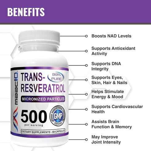 MAAC10 Trans Resveratrol 500mg Supplement (Micronized Pharmaceutical Grade 99% Pure Trans-Resveratrol Extract + BioPerine for Superior Absorption)...