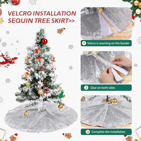 Christmas Tree Skirt Silver 48 Inch Round Tree Skirt Sequin Christmas Tree Skirt for Christmas Decoration...
