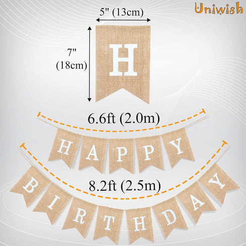 Uniwish Happy Birthday Burlap Banner Neutral Happy Birthday Party Decorations Boho Rustic Bunting Sign Swallowtail Flags, 2 in 1...