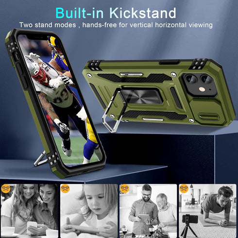 DEERLAMN for iPhone 11 Case with Slide Camera Cover+Screen Protector(2 Packs),Rotated Ring Kickstand Military Grade Shockproof Protective Cover-Ol...