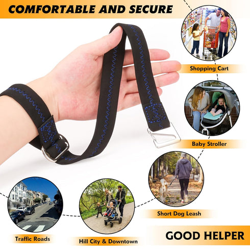Baby Stroller Wheelchair Safety Wrist Strap or Large Dog Leash, Second Layer Security for Retractable Dog Leash, Black with Blue Stitching...