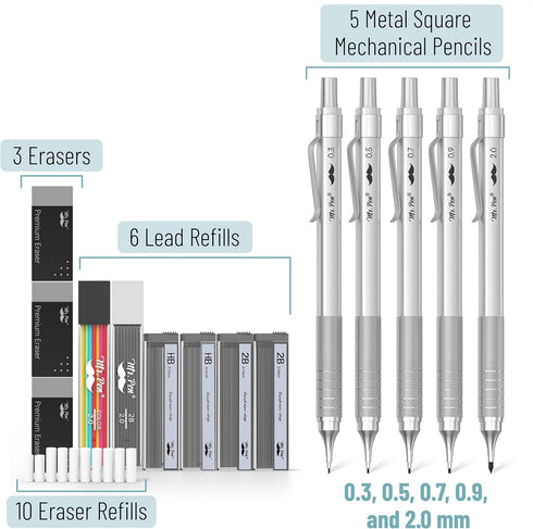 Mr. Pen- Metal Mechanical Pencil Set, 5 Sizes, 0.3, 0.5, 0.7, 0.9, 2mm, Mechanical Pencils, Sketching Pencils, Drafting Pencil, Mechanical Pencil ...