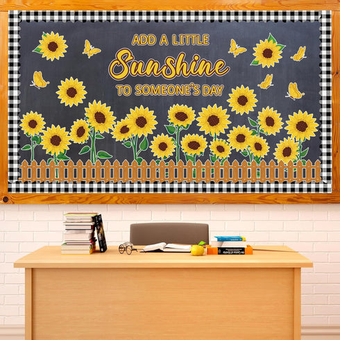 Sunflower Bulletin Board Decoration Sun Flower Cutout Set with Butterflies Fences Bulletin Cardboard with Motivational Sayings Cutouts for Classro...