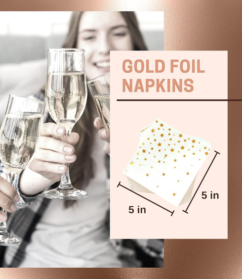 100 PK Gold Napkins - 4 Assorted Designs - 3-Ply Cocktail Napkins Folded 5 x 5 Inches Bar Napkins Disposable Party Napkins Paper Napkins Dinner fo...