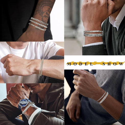VNOX Silver Chain Bracelet for Men - 10 Pcs Solid Stainless Steel Rope/Figaro/Paperclip/Cuban Link/Snake Curb Chunky Chain Bracelet Set Wrist Band...