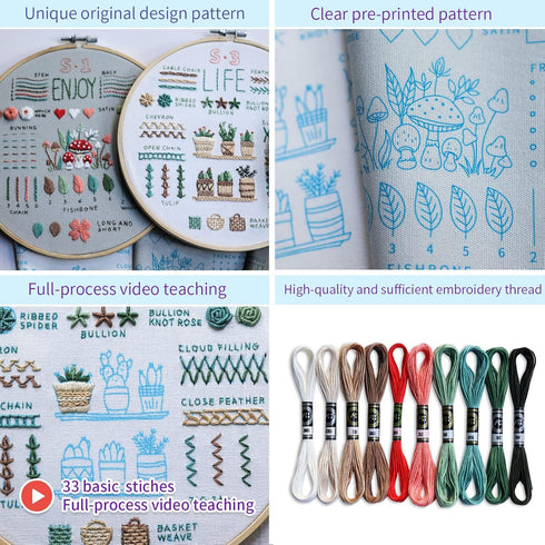 ETSPIL 3 Sets Embroidery kit for Beginners Adults?Learn 33 Different Stitches DIY Kits ?includes Stamped Flower Pattern, Hoop, Color Threads,Tools...