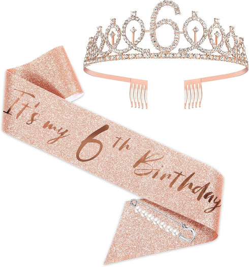 BRT Bearingshui 6th Birthday Sash and Tiara for Girls, Rose Gold Birthday Sash, Tiara & Cake Topper Set...