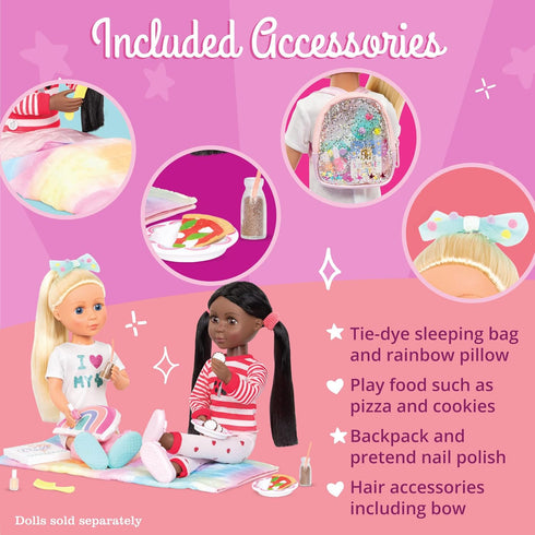 Glitter Girls – Sleepover Party & Backpack Set – Tie-Dye Sleeping Bag, Rainbow Pillow & Pizza Play Food – 14-inch Doll Accessories for Kids Ages 3...
