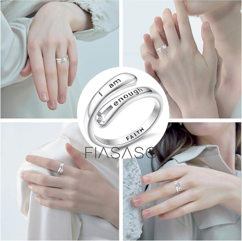 FIASASO Rings for Women 925 Sterling Silver Adjustable Faith Christian Cross - Encouragement Statement Jewelry, Dainty & Elegant Designs, Comforta...