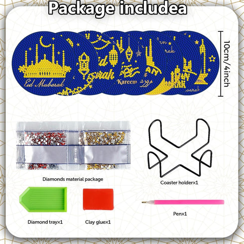 8 Pieces Ramadhan Diamond Coasters Kit with Holder DIY Ramadhan Festival Diamond Art Coasters for Beginners Adults Kids Art Table Home Craft Gift ...