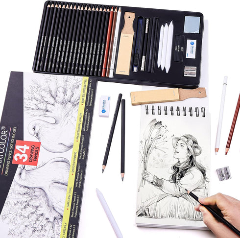 Drawing Sketching Pencils Set, 34 Pieces Pro Art Pencil Kit - Graphite Pencils (14B-4H), Charcoal Pencils, Charcoal Sticks, Artist Pencils for Beg...