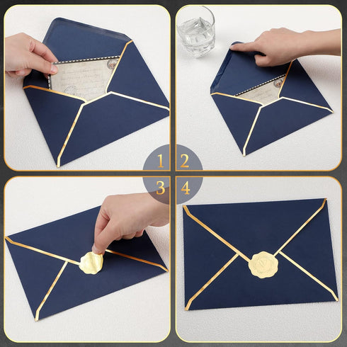 50 Pcs A7 Envelopes 5 x 7 Card Envelopes and 50 Pcs Gold Embossed Wax Seal Envelopes Self Adhesive V Flap Envelopes with Gold Border for Graduatio...