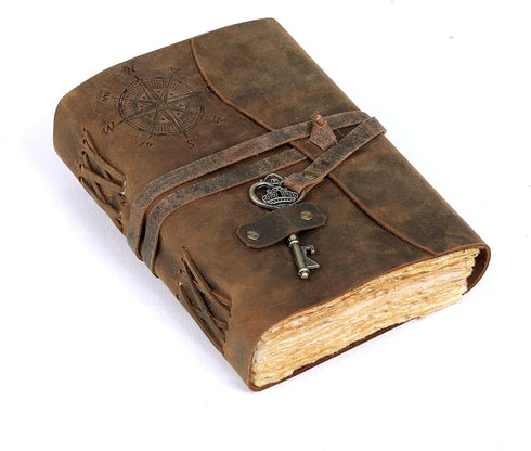 cuero C Compass Vintage Leather Journal - Antique Handmade Leather Bound journal with deckle edge paper Diary - Leather Sketchbook - Drawing Journ...