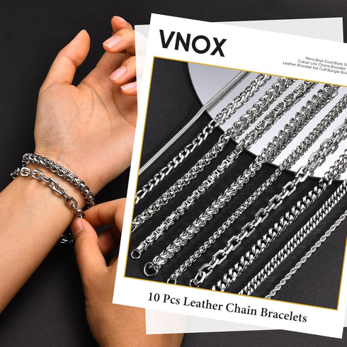 VNOX Silver Chain Bracelet for Men - 10 Pcs Solid Stainless Steel Rope/Figaro/Paperclip/Cuban Link/Snake Curb Chunky Chain Bracelet Set Wrist Band...