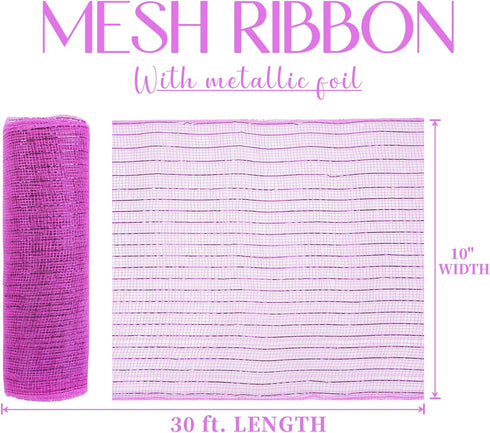 MEEDEE Pink Deco Mesh 10 Inch Pink Mesh Ribbon for Wreath Metallic Mesh Fabric for Crafts Decorative Staircase Mailbox Centerpiece Supplies (30 Fe...