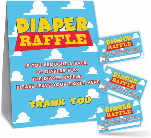 Diaper Raffle Game Kit For Baby Shower(1 Standing Sign + 50 Tickets) - Blue Sky & Cloud Theme - Gender Reveal, Baby Announcement Party Supplies & ...