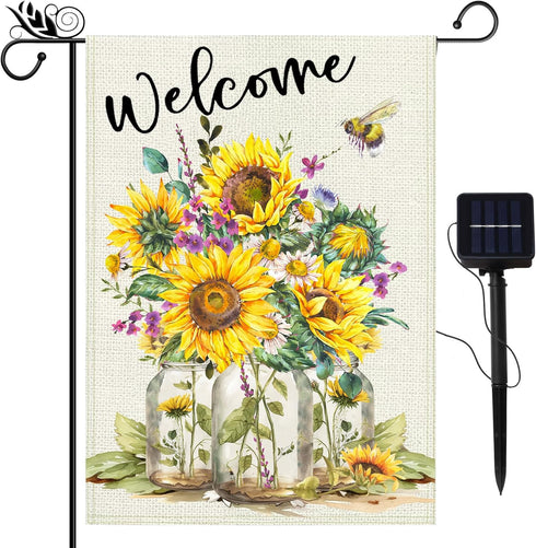 Sunflower Garden Flag, Solar LED Welcome Flags Banner 12x18 Double Sided, Farmhouse Flower Burlap Lighted Lights Yard Flag, Holiday Spring Vertica...
