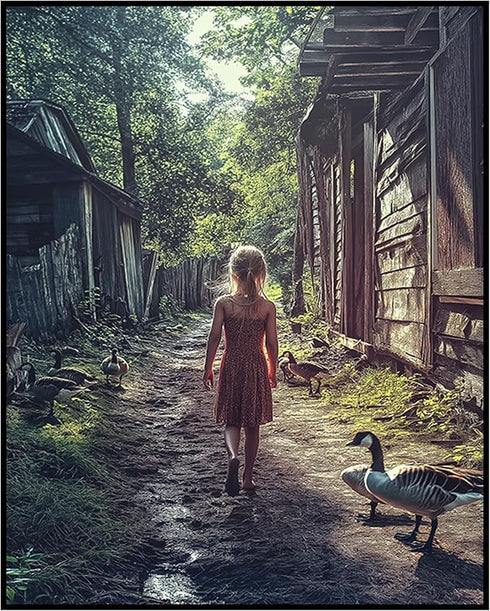 Posterizer 1 pcs-rustic village scene-girl with her ducks 3-Landscape & Nature Art-Art for Animal Lovers-Gift for Art Lovers- unframed wall art...