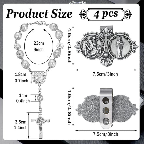 4 Pcs Car Rosary Saint Benedict Silver Rosary Rearview Mirror Hang Auto Rosary with Car St Christopher Visor Medal Car Cross Religious Accessory B...