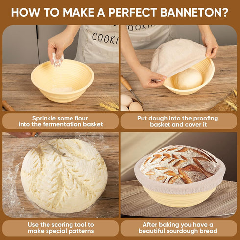 Proofing Basket, JCORJCUS Silicone Banneton Basket Sourdough Starter Kit with 5pcs Sourdough Scoring Tool, 9'' Proofing Bowls Baking Supplies for ...