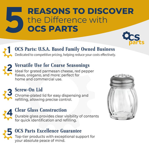 OCS Parts 3.5-Inch Glass Shaker with Chrome Plated Perforated Lid | Grated Cheese, Chili and Red Pepper Shaker for Home and Commercial Use...