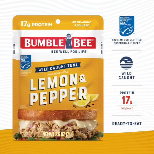 Bumble Bee Lemon & Pepper Seasoned Tuna, 2.5 oz Pouch - Ready to Eat - Wild Caught Tuna Packet - 17g Protein per Serving - Gluten Free...