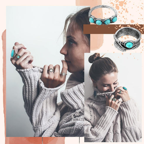 22 Pcs Western Choker Necklaces Rings Sets for Women, Western Bead Choker Silver Boho Turquoise Drop Pendant Necklaces Turquoise Rings Bohemian Hi...