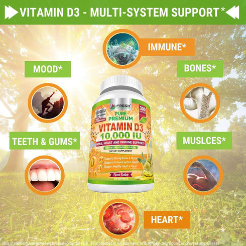 Premium Vitamin D3 10000 IU (250mcg) Infused with Extra Virgin Olive Oil - Immune Support - 300 Softgels - Supports Heart, Joints, Bone, Muscle an...