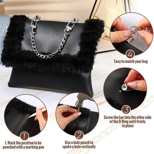 4 Pcs Purse Chain Strap Extender 7.9 Inch Purse Chain and 8 Pcs Studs Rivets D Ring, Flat Purse Strap Extender with Post Head Buttons Bag Making S...