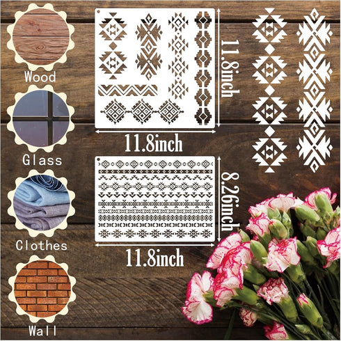 Aztec Tribal Stencils for Painting on Wood, Southwest Border Stencils for Crafts Reusable Wood Burning Drawing Art Paint Stencils and Patterns for...