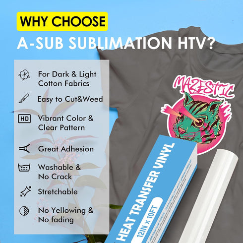 A-SUB Sublimation HTV for Dark and Light Fabric, 12" X 10FT Matte Sublimation Vinyl, White HTV Vinyl for Sublimation on Cotton Fabric - T-Shirt, P...