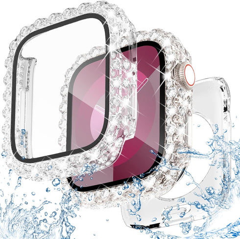 NewWays 2 in 1 Waterproof Bling Case 44mm for Apple Watch Screen Protector SE Series 6 5 4, Lace Full Glitter Diamond Rhinestone Bumper Face Cover...